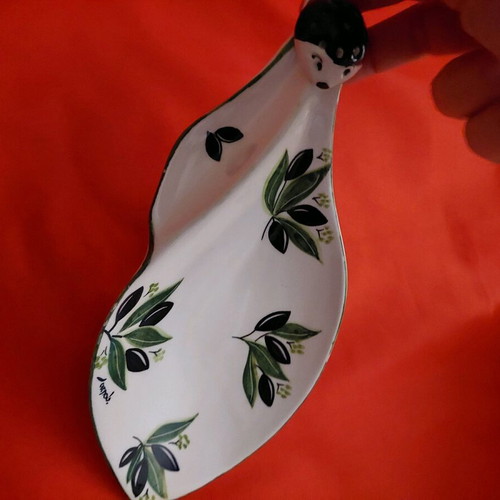 Serving plate for olives 26x12cm ceramic with handmade painting and pit curve new