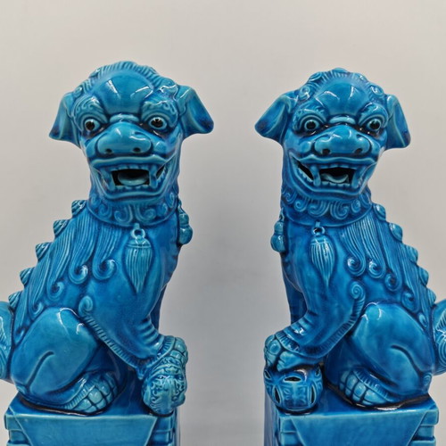 Vintage Chinese Turquoise Blue Porcelain Foo Dogs set used