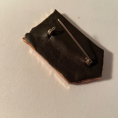Unique hand-painted pin, wood with copper and leather, new