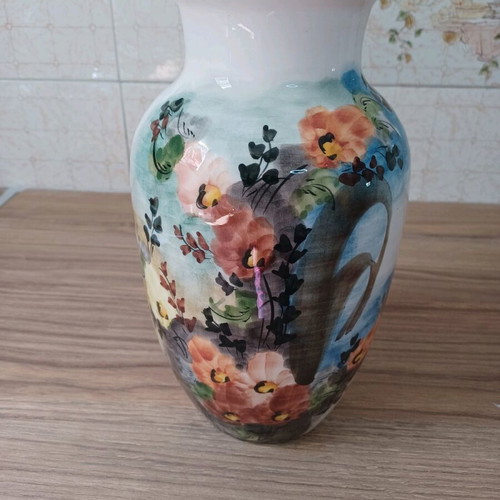 Large ceramic vase handmade with vintage painting
