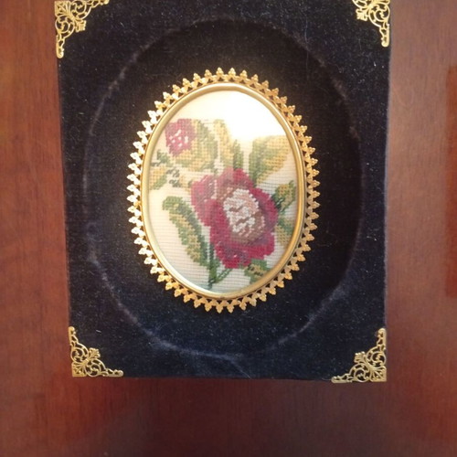 Set of 3 embroidered textile paintings in velvet frames