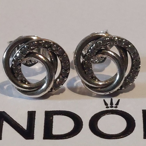 Pandora earrings new with three intertwined circles and cubic zirconia
