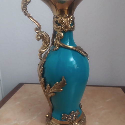 Italian antique pitcher like new, Buton Milano, turquoise crystal