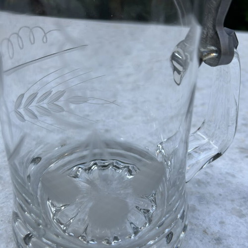 Vintage German beer stein with etched barley and hops