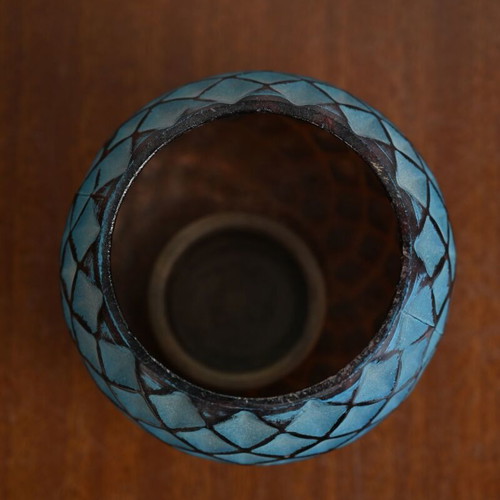 Glass decorative mosaic candle holder used, blue and copper tones
