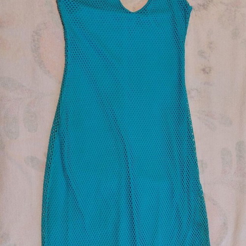 Dress turquoise mesh mini asymmetrical used, size S