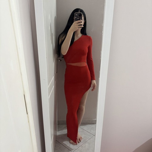 Tally Weijl red long dress with side slit and one long sleeve