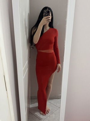 Tally Weijl red long dress with side slit and one long sleeve