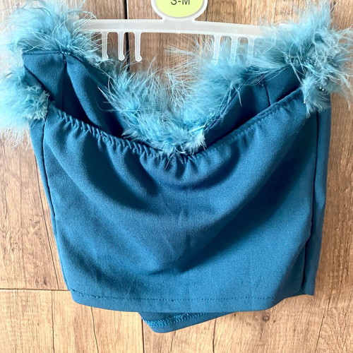 Strapless Top teal blue with feather trim size S-M like new