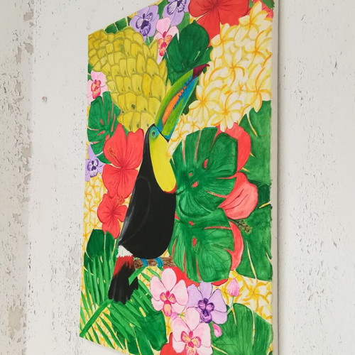 Painting Toucan Parrot with Tropical Leaves and Flowers, Acrylic, New