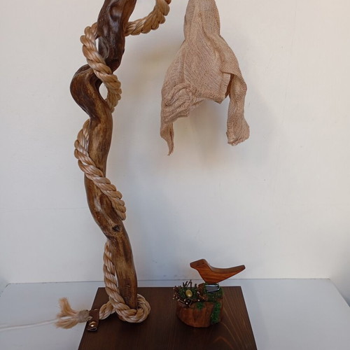 Handmade table lamp with natural driftwood and burlap