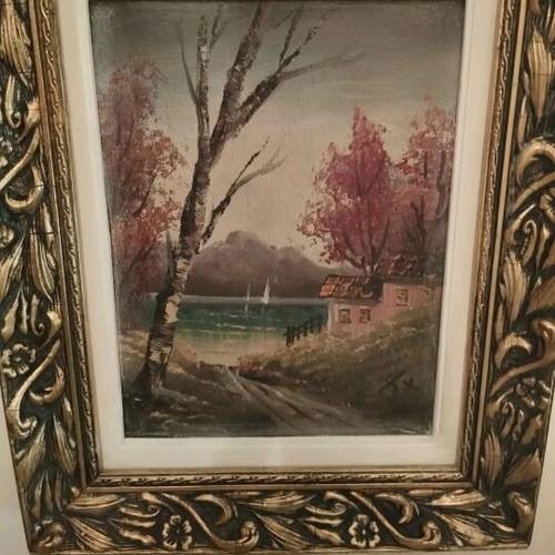 Signed landscape painting with antique double frame, like new