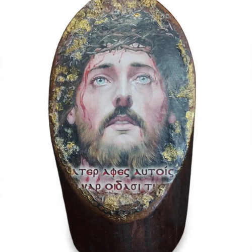 Handmade Jesus image on wood trunk, like new, 20x11x11cm