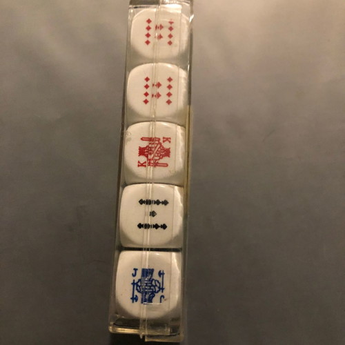 Dice set with playing card symbols used, with box
