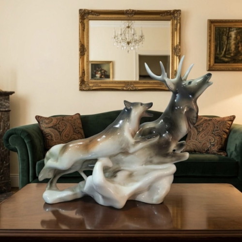 Royal Dux Bohemia porcelain figurine like new, deer and wolf scene