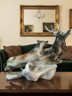 Royal Dux Bohemia porcelain figurine like new, deer and wolf scene