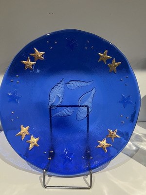 Decorative plate like new, transparent blue with gold details