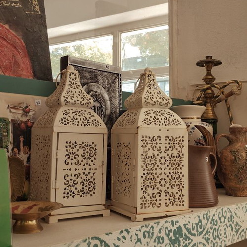 Vintage white metal lanterns used in Moroccan style