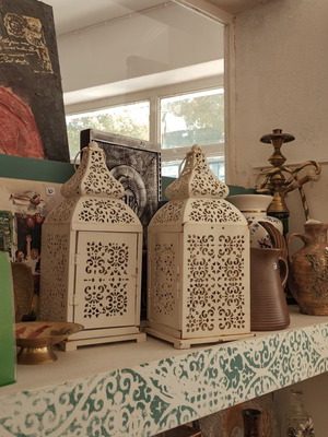 Vintage white metal lanterns used in Moroccan style