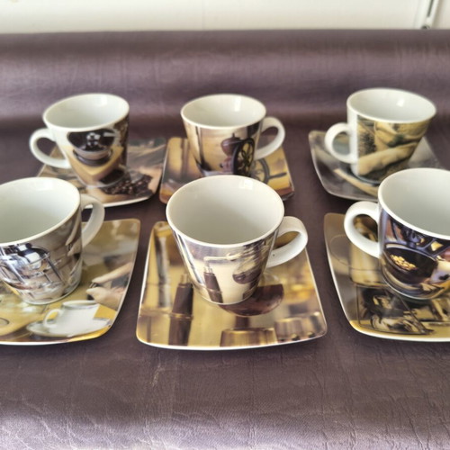 Vintage coffee art espresso cup set with saucers, 6 pieces