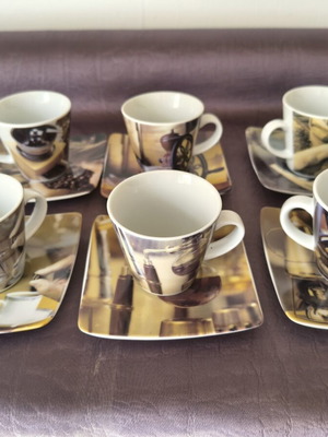 Vintage coffee art espresso cup set with saucers, 6 pieces