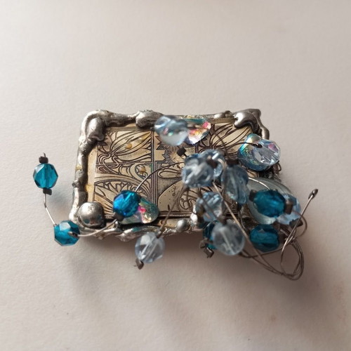 Metal handmade vintage brooch with blue and iridescent beads new