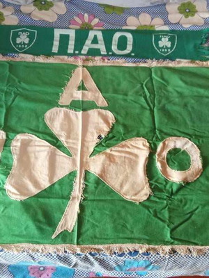 Panathinaikos flag from 1962 + scarf from 1980 + booklet ''The Golden Book of Panathinaikos'' 1971