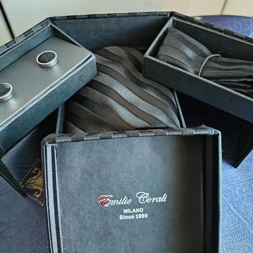 Tie set with cufflinks and handkerchief, new, black satin