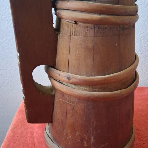 Wooden jug 1910 with handmade nails and state control stamp