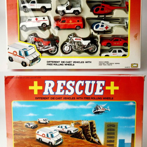 Vintage 90's Rescue Ambulance Die Cast set with ambulance helicopter motorcycle new
