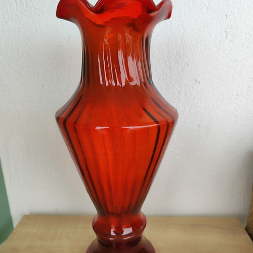Vintage Large Glass Vase used, bright red, 40cm height