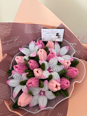 Delicate bouquet of tulips and lilies handmade