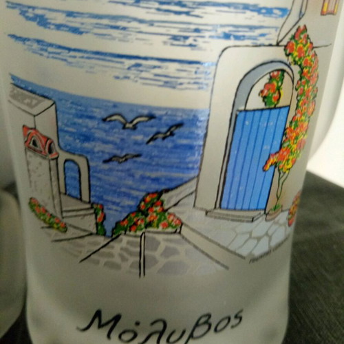 Beer glasses like new, set of 2, frosted glass, souvenir from Molyvos