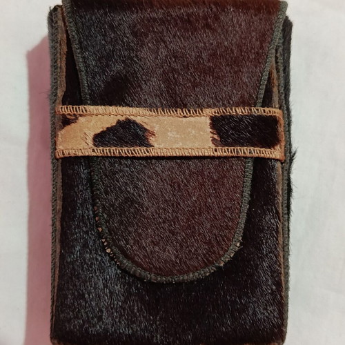 Vintage authentic leather cigarette case with fur, 1970s