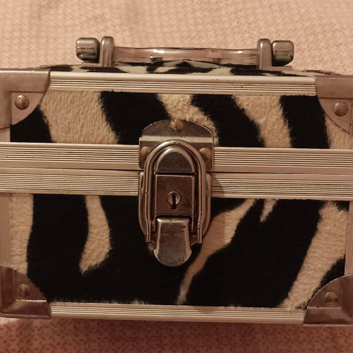 Metal case for jewelry or cosmetics used, with mirror, white and black