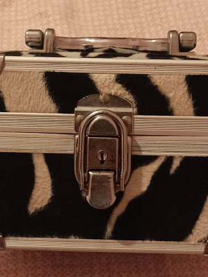 Metal case for jewelry or cosmetics used, with mirror, white and black