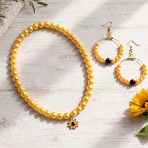 yellow beaded summer necklace and earrings set