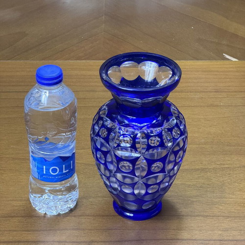 Vintage handmade ultramarine blue glass vase with geometric optical art