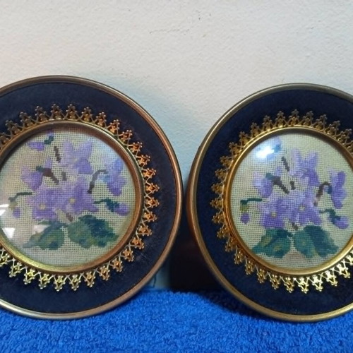 Embroidery set used, 2 pieces with vintage brass round frames