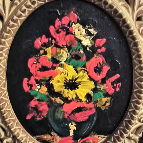 Signed painting flowers in vase like new with handmade carved frame