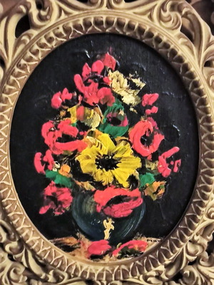 Signed painting flowers in vase like new with handmade carved frame