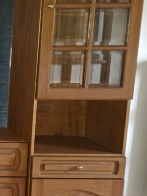 Showcase made of solid walnut new with 3 shelves, drawer and cabinet