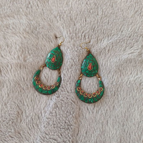 Bronze hanging earrings like new, green and red