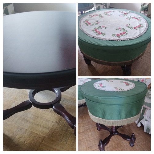 Vintage set of 3 wooden coffee tables with retro covers and embroidery used