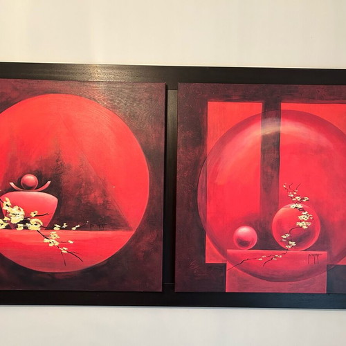 Bizart painting oil print diptych in frame like new