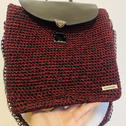 Handmade knitted shoulder bag new, burgundy and black with satin lining