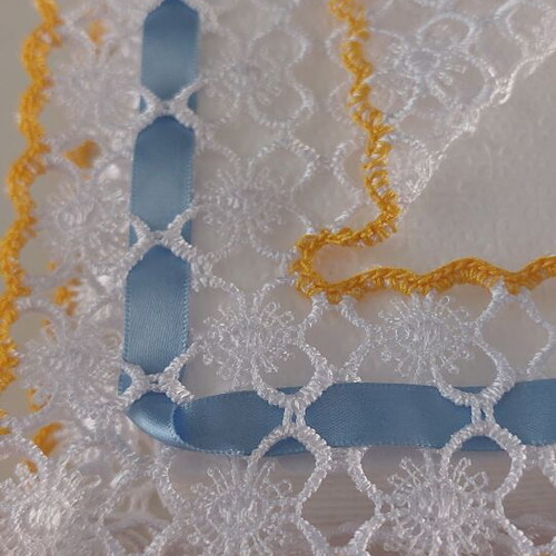 Handmade knitted napkin holder with lace and ribbon, like new