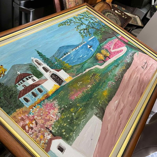 Painting on Island with Chapel like new, framed art