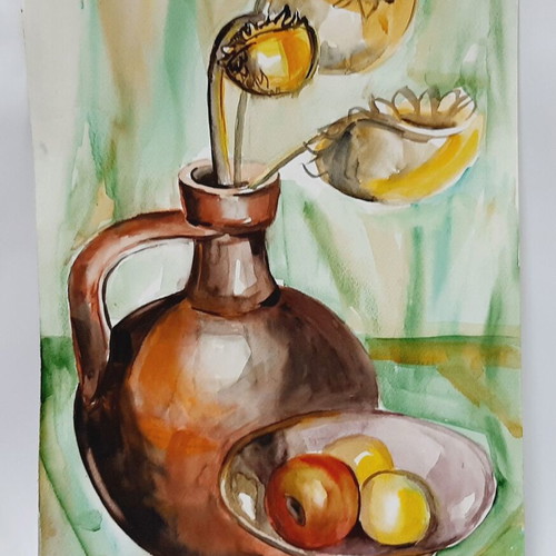 Vintage watercolor still life with sunflowers and fruits, 50.5×35 cm
