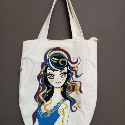 Canvas tote bag with zipper, shoulder bag, white with glitter illustration